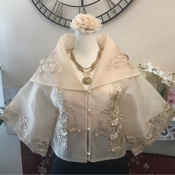 Cream Beige Piña Organza Maria Clara Filipiniana blouse w/ classic embroidery - Picture 4 of 17